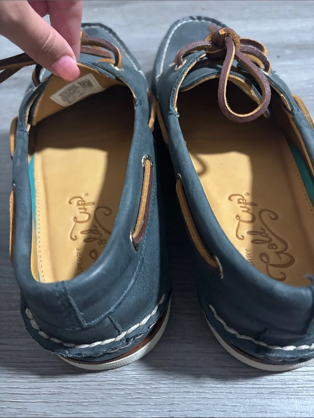 Sperry Navy Leather Boat Shoes with Tan Laces